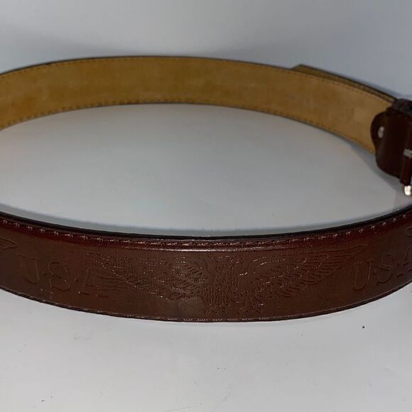 Men's Genuine Leather Belt Embossed Eagle USA Patriotic Logo Brown Large 42" - Picture 3 of 7